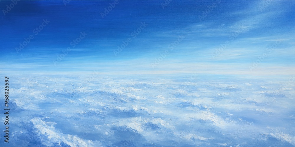 Oil painting depicting a blue sky viewed from an airplane window showcasing an aerial perspective of serene blue tones Oil painting depicting a blue sky viewed from an airplane window showcasing an aerial perspective of serene blue tones