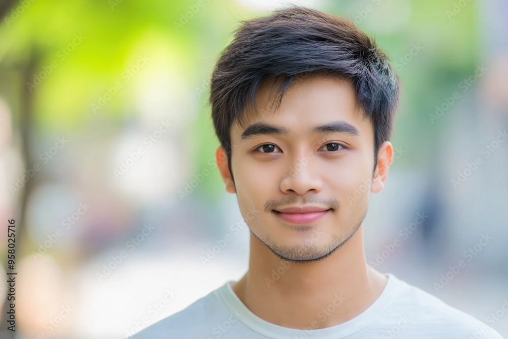A close-up portrait of a young Asian man wearing a casual t-shirt, with a blurred background. A close-up portrait of a young Asian man wearing a casual t-shirt, with a blurred background.