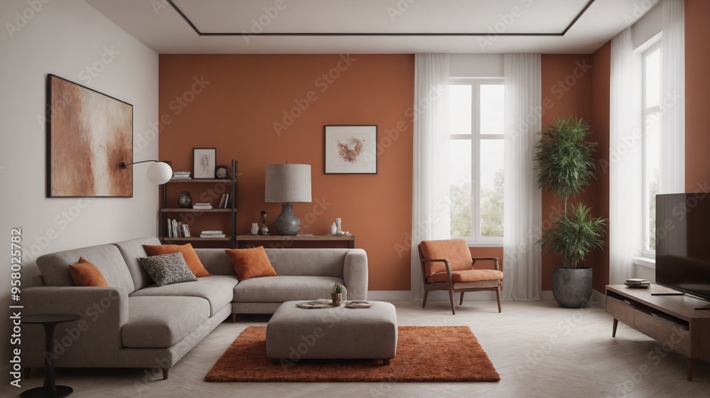 Scandinavian orange wall living room interior of modern apartment with sofa and accessories. Scandinavian orange wall living room interior of modern apartment with sofa and accessories.