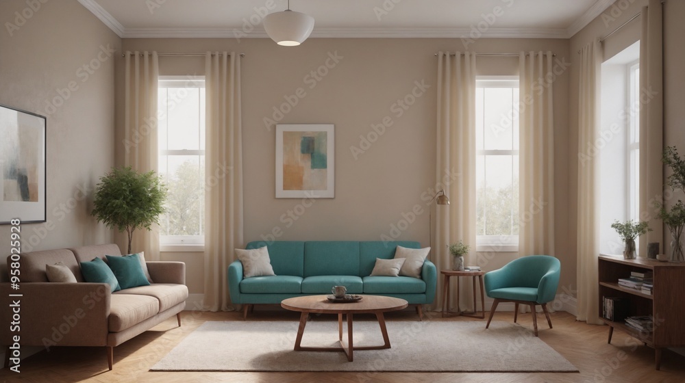 Fototapeta premium Scandinavian off-white living room interior of modern apartment.