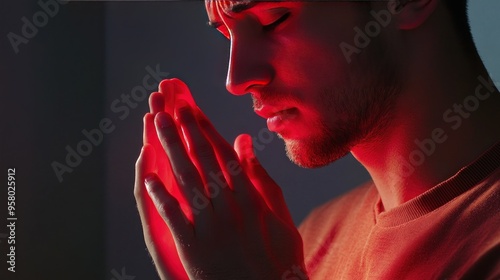 Close-up of a man with his eyes closed, holding his hands together in a prayer position, illuminated by red light. photo