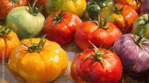 Vibrant oil painting showcasing a selection of fresh organic heirloom tomatoes in multiple colors