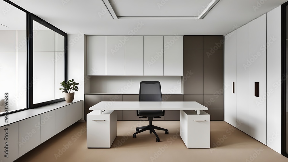 A modern office interior with a minimalist design and natural light. Business conference company background A modern office interior with a minimalist design and natural light. Business conference company background