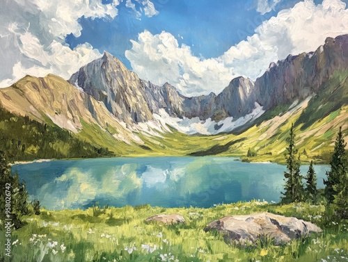 Serene oil painting depicting a stunning mountain lake surrounded by rugged terrain on a bright summer day