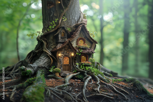 Little fairy house in the woods: fantasy background