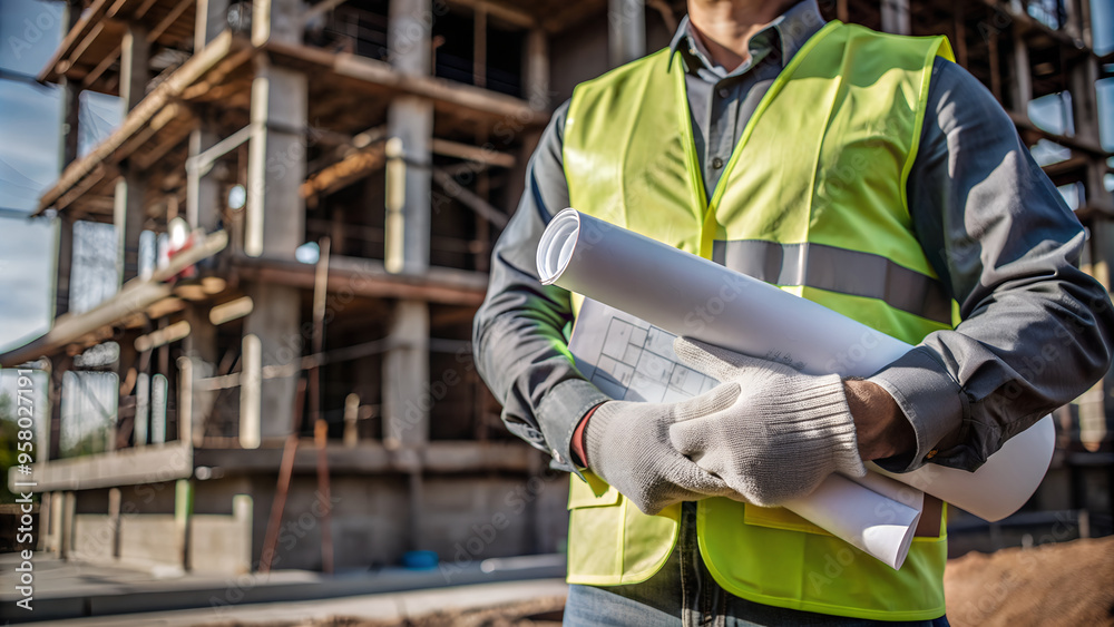 Close-up focus on hand of a Person in safety suit, He held Blueprint at his side on The background is blurred of building under construction Close-up focus on hand of a Person in safety suit, He held Blueprint at his side on The background is blurred of building under construction