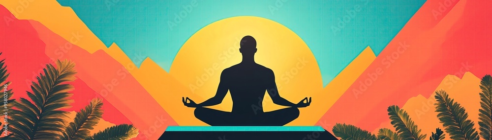 A serene illustration of a meditating figure against a vibrant sunset, promoting tranquility and mindfulness in nature. A serene illustration of a meditating figure against a vibrant sunset, promoting tranquility and mindfulness in nature.