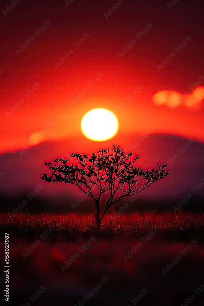 Fototapeta premium A serene sunset scene featuring a solitary tree against a vibrant red sky, perfect for nature and landscape themes.