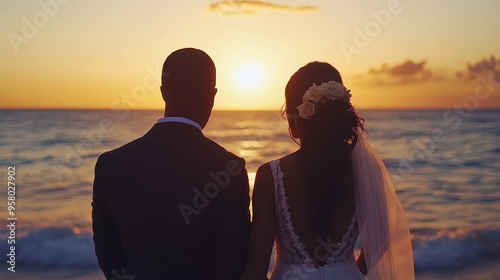 Romantic Sunset Silhouette - Newlyweds Admire Breathtaking View