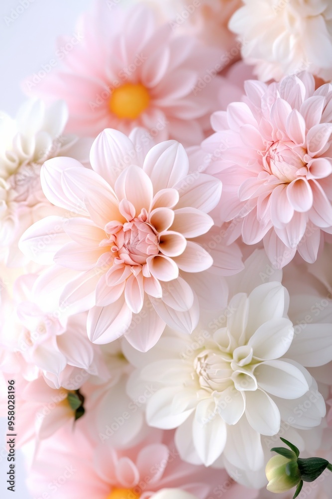 Obraz premium A close-up of beautifully arranged soft pink and white flowers in full bloom, radiating natural beauty, serenity, and elegance, ideal for nature lovers.