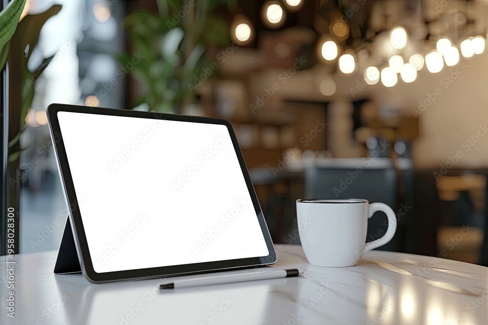 a digital tablet with a blank white screen, placed on a table in what appears to be a cozy softly lit cafe or office setting a digital tablet with a blank white screen, placed on a table in what appears to be a cozy softly lit cafe or office setting