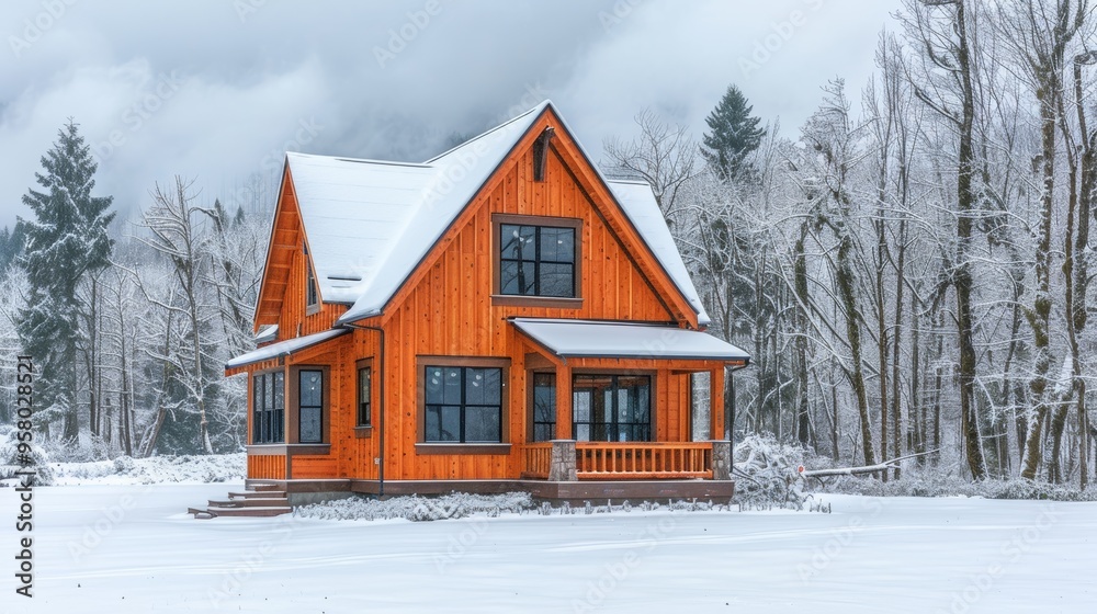A cozy orange wooden house surrounded by snowy trees in a winter landscape during a calm afternoon A cozy orange wooden house surrounded by snowy trees in a winter landscape during a calm afternoon