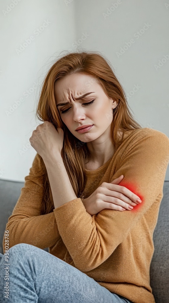 A young woman sitting on a couch holding her arm in pain. Her eyes are closed and she looks distressed. A young woman sitting on a couch holding her arm in pain. Her eyes are closed and she looks distressed.