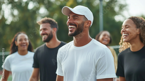 multiracial group of happy friends laughing and enjoying a lively game of pickleball outdoors, showcasing camaraderie and fun. photo photo