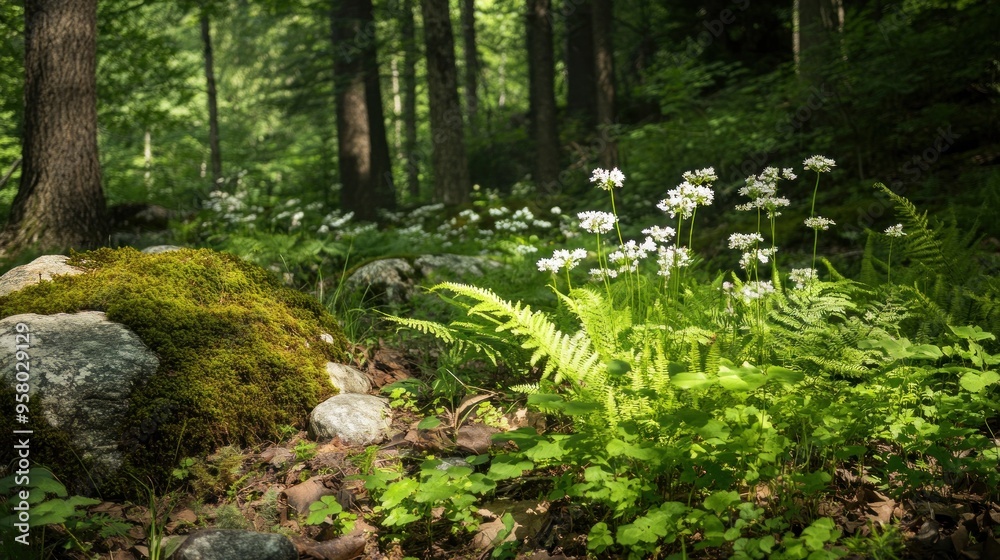 Sunlit Forest Floor with White Flowers and Ferns Sunlit Forest Floor with White Flowers and Ferns