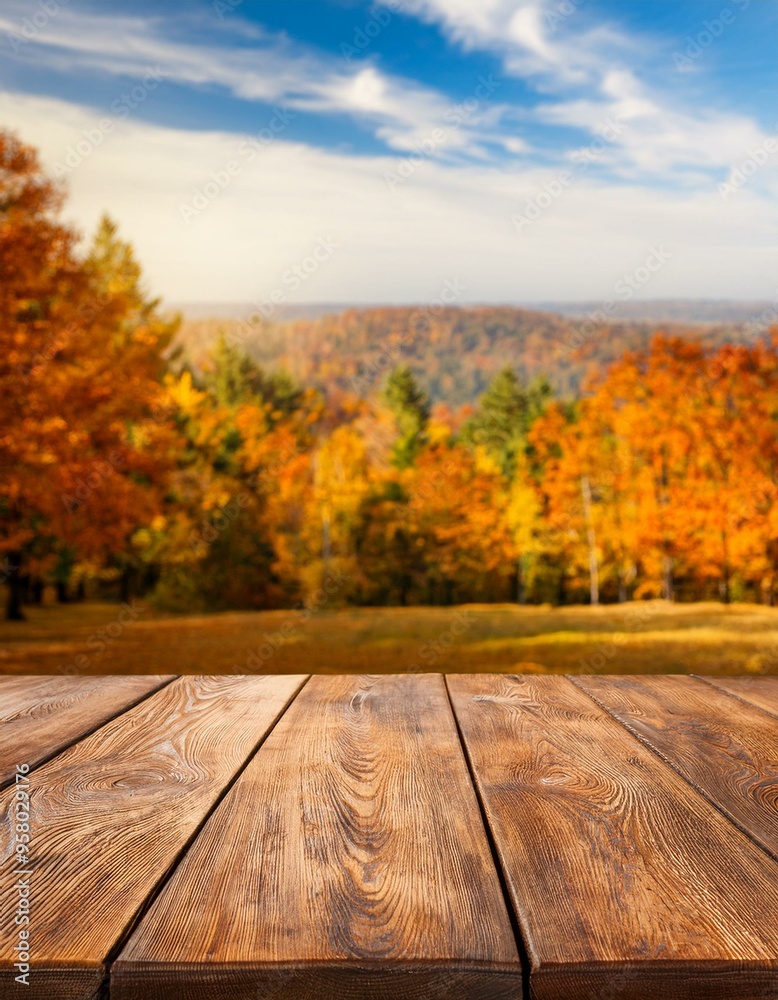 wooden table in front of a colorful autumn landscape, beautiful autumn background concept with fall leaves and advertising space
wooden table in front of a colorful autumn landscape, beautiful autumn background concept with fall leaves and advertising space