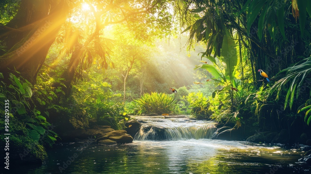 Tranquil Jungle Waterfall with Sunbeams Tranquil Jungle Waterfall with Sunbeams