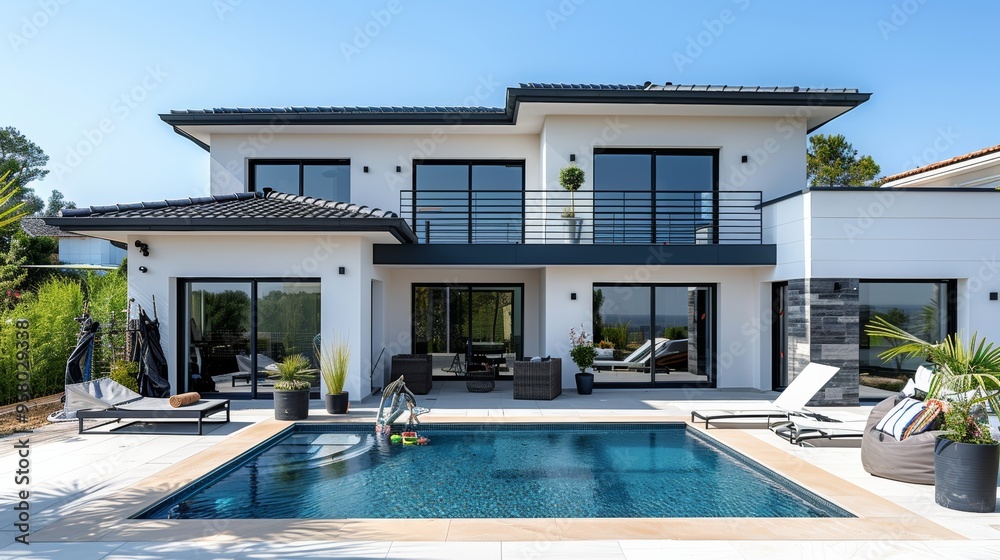 Fototapeta premium Modern white villa with a swimming pool surrounded by landscaped greenery in bright daylight