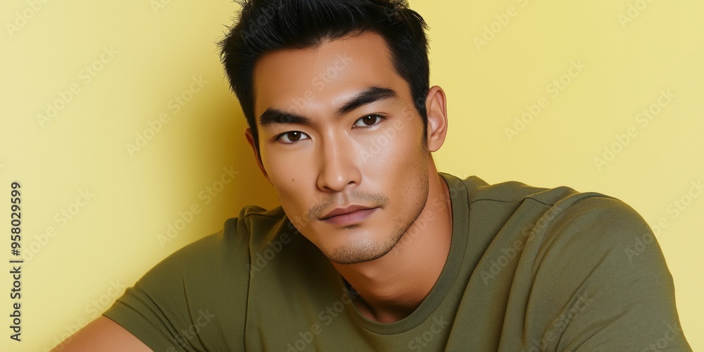 Fototapeta premium A studio close-up portrait of a young Asian man wearing a casual t-shirt, with a colourful background.