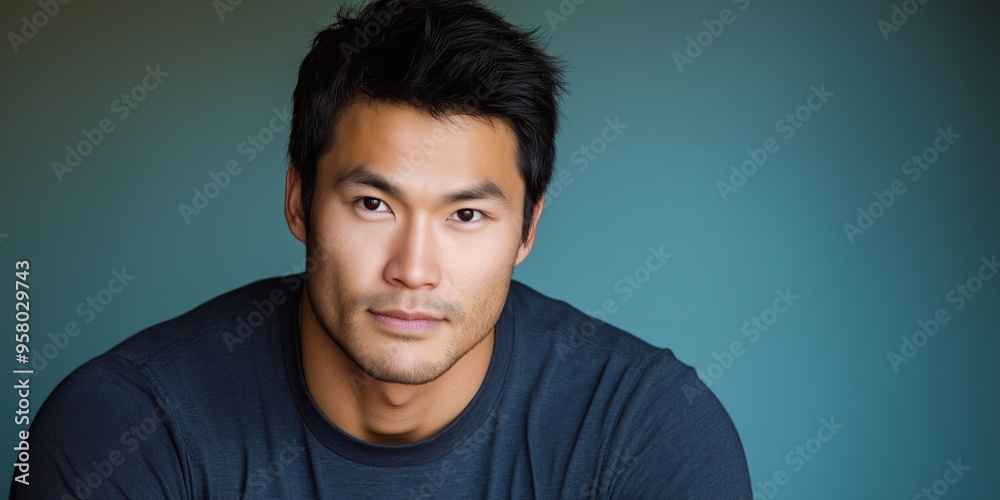 Fototapeta premium A studio close-up portrait of a young Asian man wearing a casual t-shirt, with a colourful background.