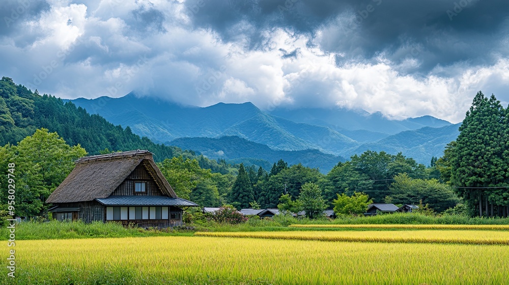 47. A peaceful Japanese countryside scene, with a small thatched-roof farmhouse, rice fields, and mountains in the background, under a cloudy sky 47. A peaceful Japanese countryside scene, with a small thatched-roof farmhouse, rice fields, and mountains in the background, under a cloudy sky