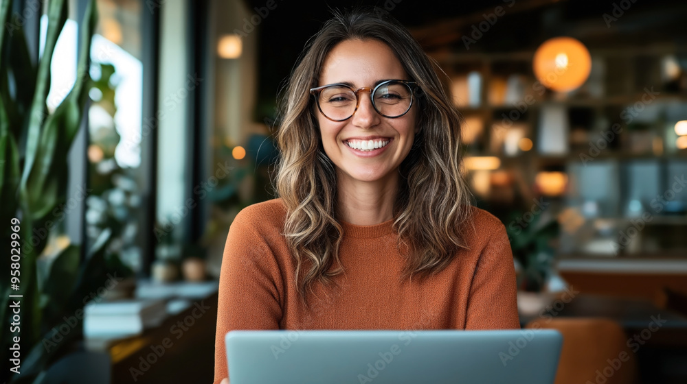 Smiling woman with glasses and wavy hair, wearing an orange sweater, using a laptop in a cozy, well-lit room with plants and shelves in the background. Smiling woman with glasses and wavy hair, wearing an orange sweater, using a laptop in a cozy, well-lit room with plants and shelves in the background.