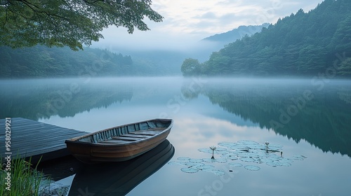 44. A serene Japanese lake with lily pads and blooming lotus flowers, a small wooden boat tied to a dock, and mist rising from the water in the early morning photo