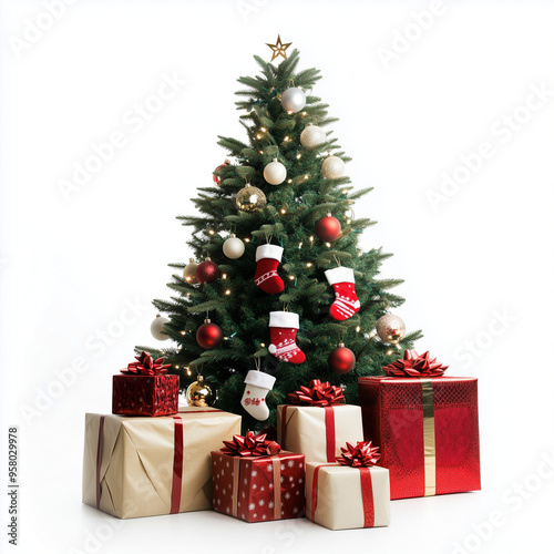 Festive Christmas tree decorated with presents and sock-shaped ornaments on a white background