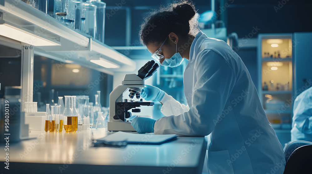 A scientist working with a microscope in a bright laboratory, focusing intently on her research and conducting experiments under good lighting A scientist working with a microscope in a bright laboratory, focusing intently on her research and conducting experiments under good lighting
