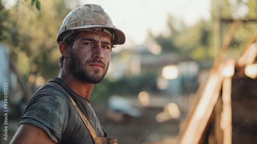 A portrait of a manual worker at a construction site, his face reflecting exhaustion and weariness after a long day of hard work. photo