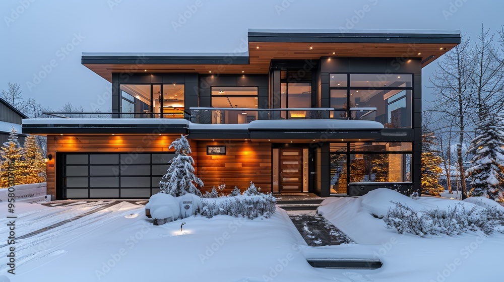 Modern house exterior illuminated by soft lights in a snowy landscape during winter at dusk Modern house exterior illuminated by soft lights in a snowy landscape during winter at dusk
