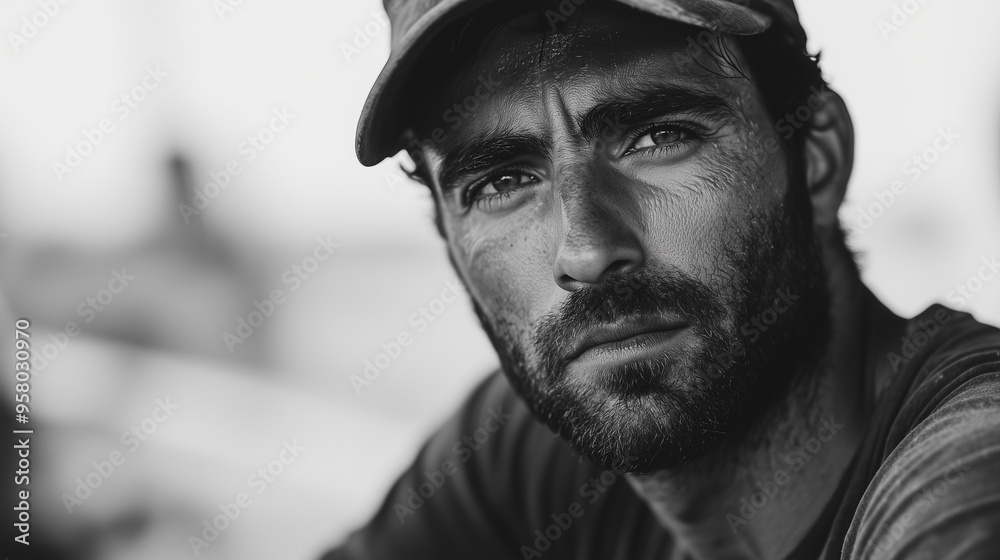 close-up of a manual worker, visibly exhausted after a tough day at the construction site, with sweat on his brow and a look of resolve in his eyes. photo close-up of a manual worker, visibly exhausted after a tough day at the construction site, with sweat on his brow and a look of resolve in his eyes. photo