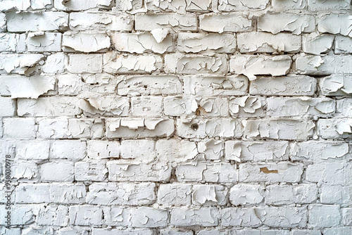 A panoramic background of an old, white-painted brick wall is featured in stock photo 