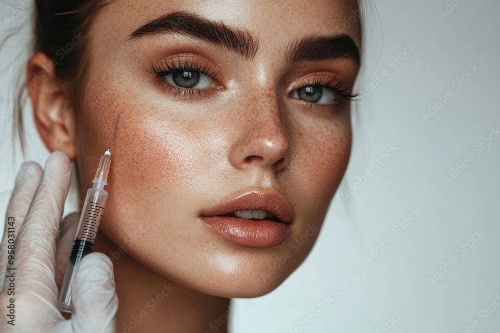 A woman with a syringe near her face. A woman with a syringe near her face.