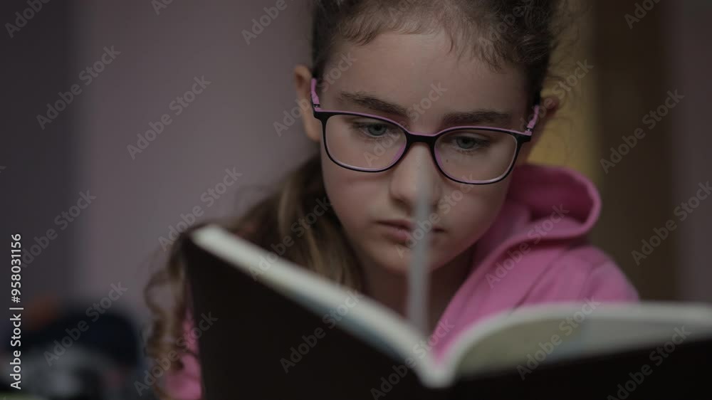 Portrait Child Reading Book Concentrated on Story Sitting on Floor at Home. Development of Kids and Education Literature. Girl Lying on Floor in Bedroom at Home, Reading Book. Learning Relax Hobby.