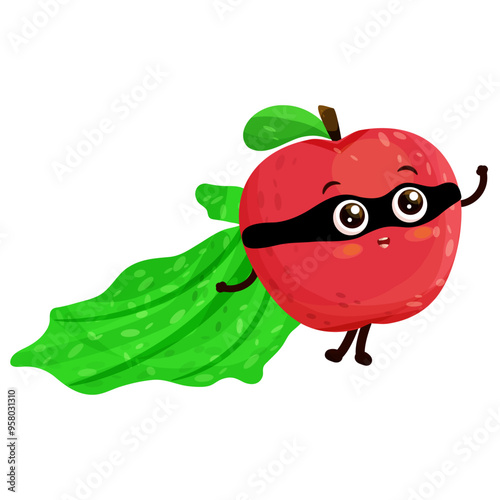 Super hero red apple cartoon mascot vector illustration flying and smiling isolated on white background.