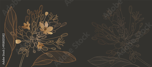 Luxury gold line art autumn leaf background vector. Natural botanical elegant foliage with jungle leaves. Design illustration for decoration, wall decor, wallpaper, cover, banner, poster, card.