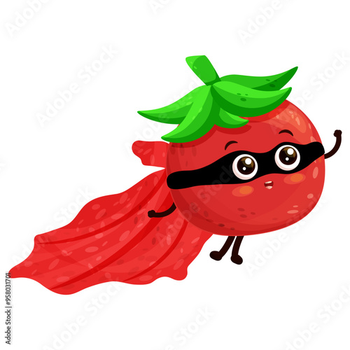 Super hero red tomato vegetable cartoon mascot vector illustration flying and smiling isolated on white background.
