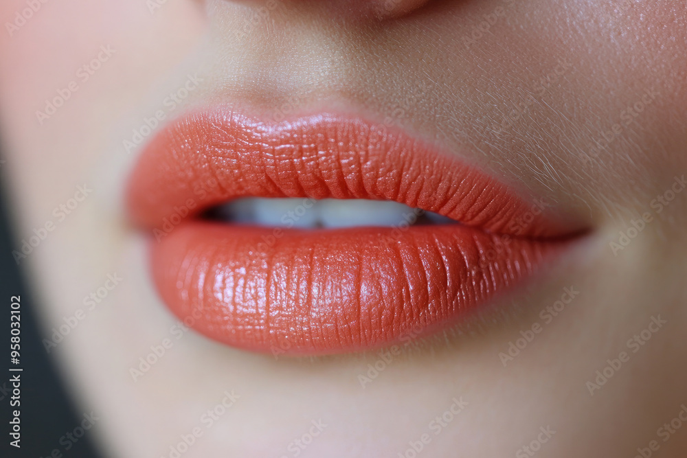 Fototapeta premium Close-up of a woman's face highlighting her nude lipstick and freckled complexion. Her mouth is slightly open, revealing straight white teeth