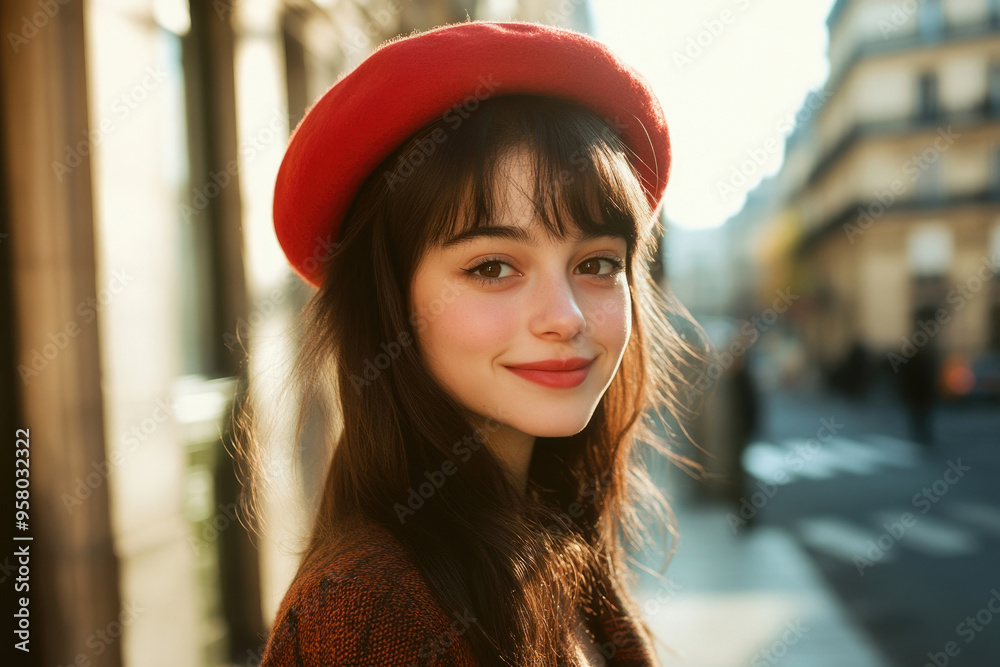 A young beautiful French woman in a red beret on a street in natural light. A young beautiful French woman in a red beret on a street in natural light.