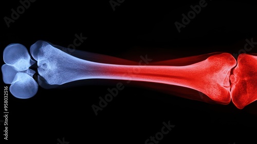 X-ray image of a human leg, with the lower bone highlighted in red.