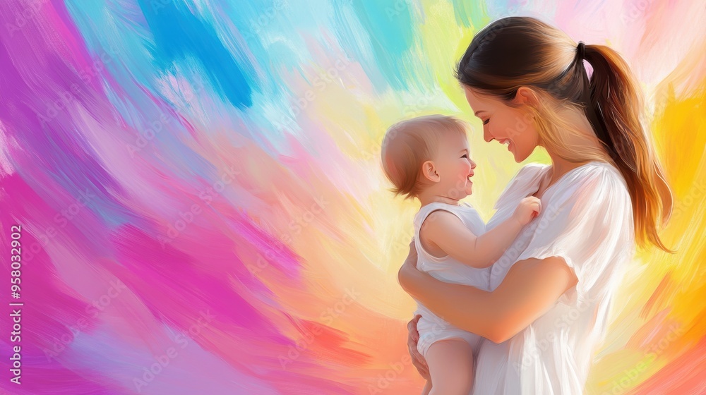 A woman holding a baby in front of colorful background, AI A woman holding a baby in front of colorful background, AI