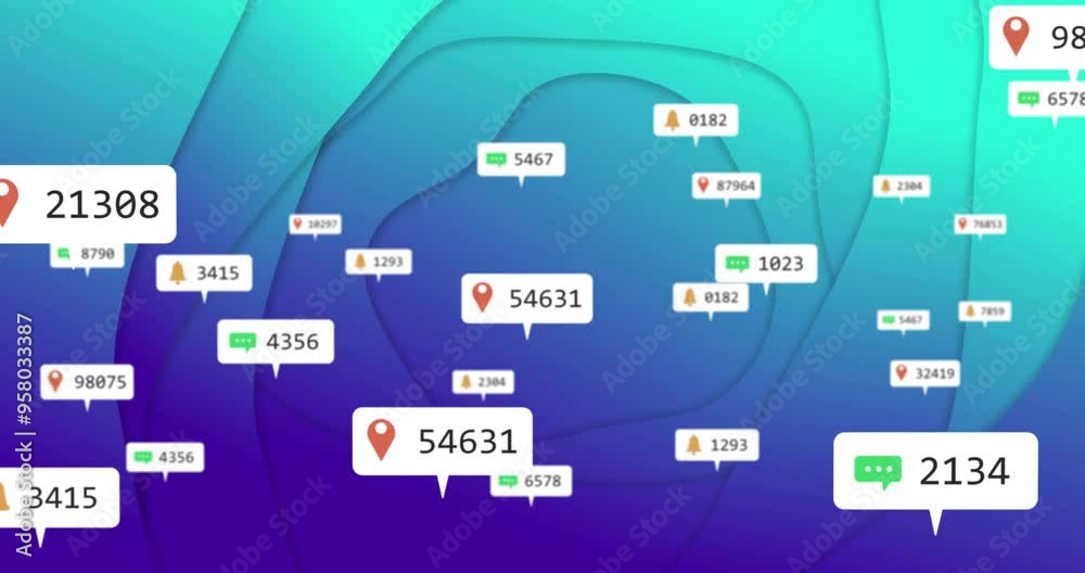 Location and notification icons animation over gradient blue and green background Location and notification icons animation over gradient blue and green background