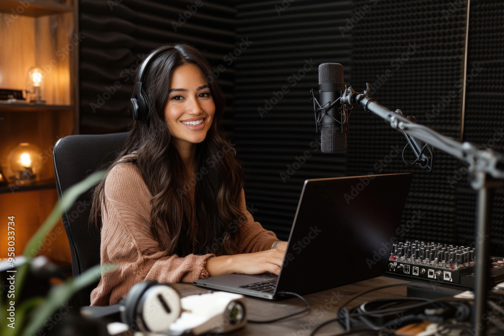 Photo of a beautiful blogger recording a podcast. Photo of a beautiful blogger recording a podcast.
