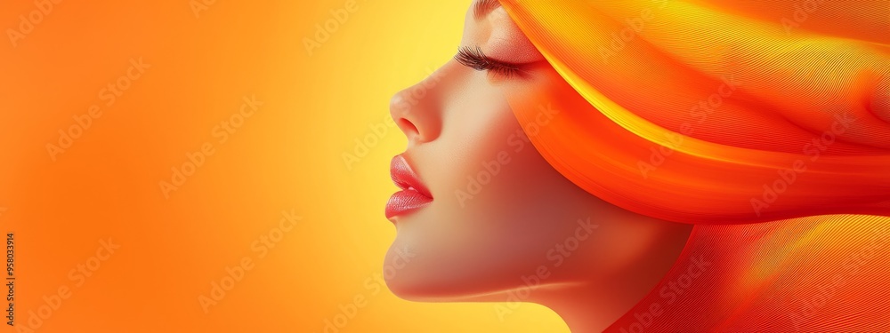 Close-up of woman in orange background wearing veil on head Close-up of woman in orange background wearing veil on head