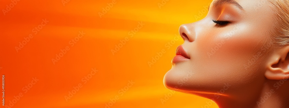 eyes closed, head tilted, orange background