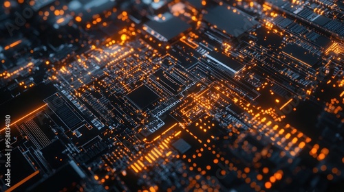 Circuit Board with Glowing Orange Lines