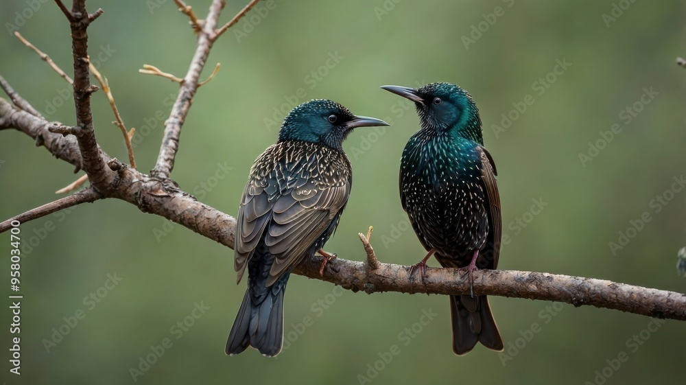 Fototapeta premium Starlings perched on a forest tree branch 