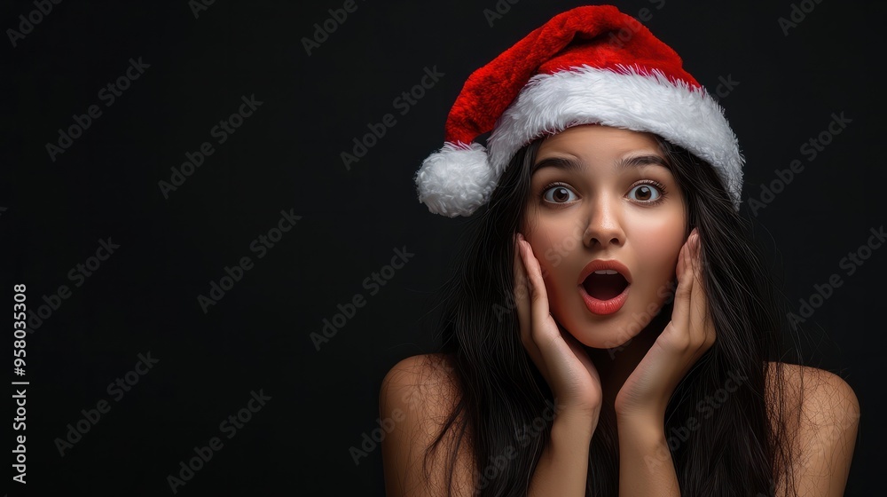 Indian woman surprise face in santa claus red hat, Christmas sale gift Indian woman surprise face in santa claus red hat, Christmas sale gift