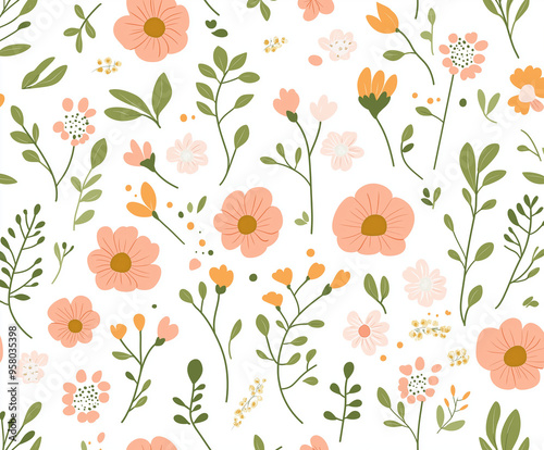 Wallpaper Mural Seamless pattern flowers on a white background Torontodigital.ca